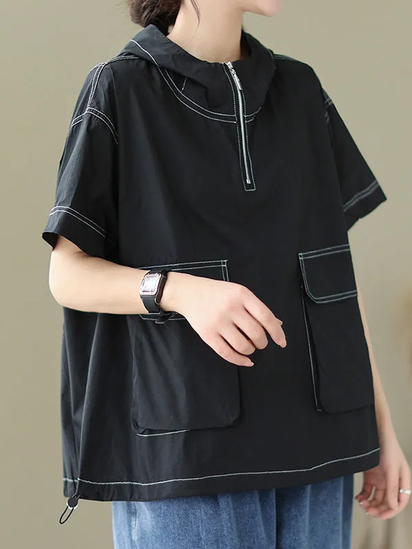Loose Short Sleeves Zipper Hooded T-Shirts Tops