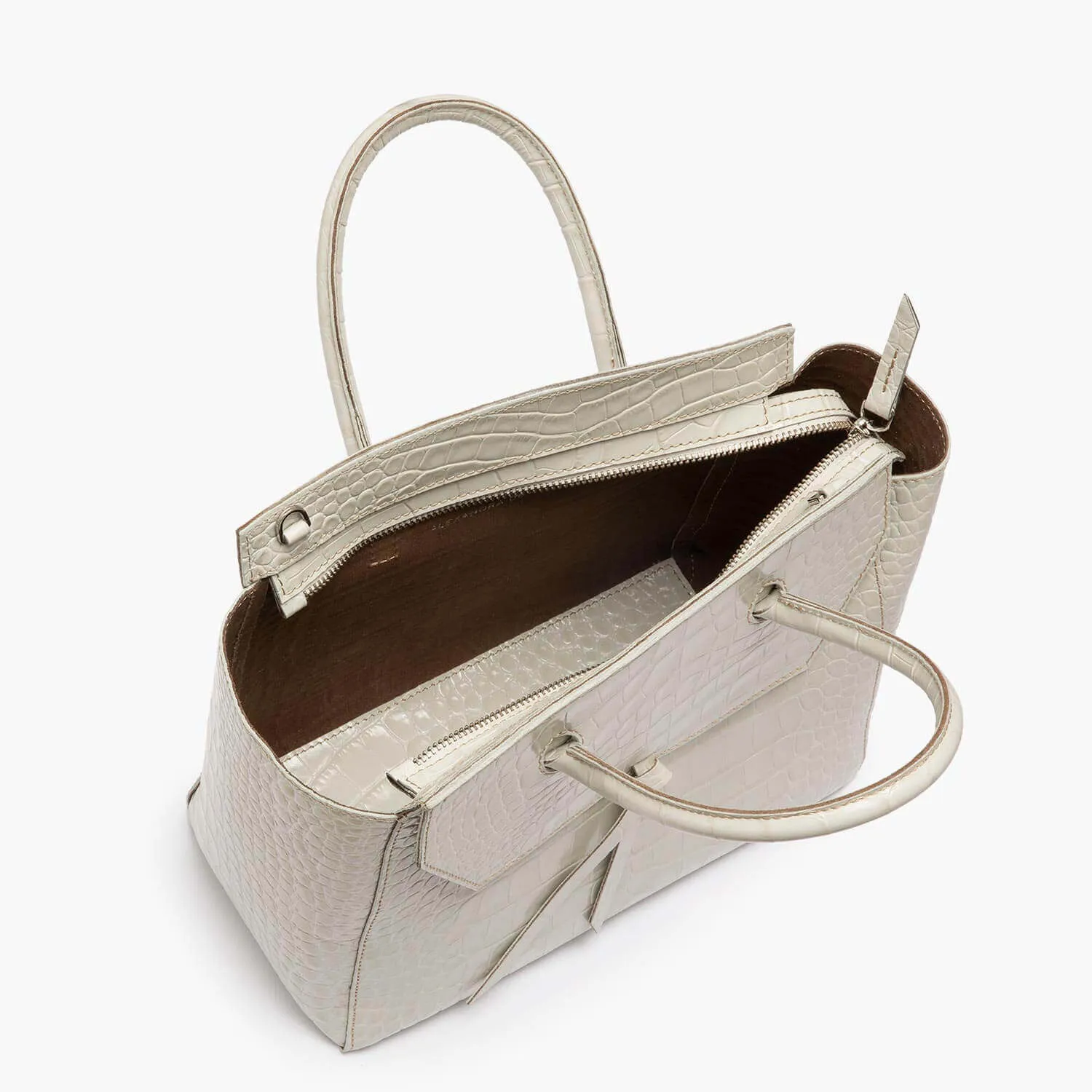Loren Midi Leather Tote Bag - Ivory Croc Print