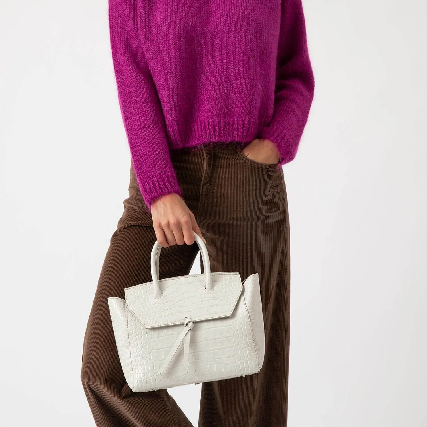 Loren Midi Leather Tote Bag - Ivory Croc Print