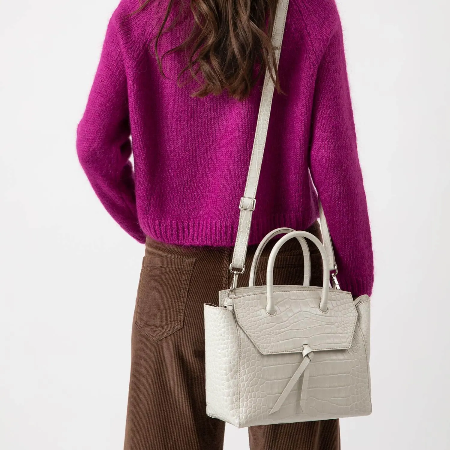 Loren Midi Leather Tote Bag - Ivory Croc Print