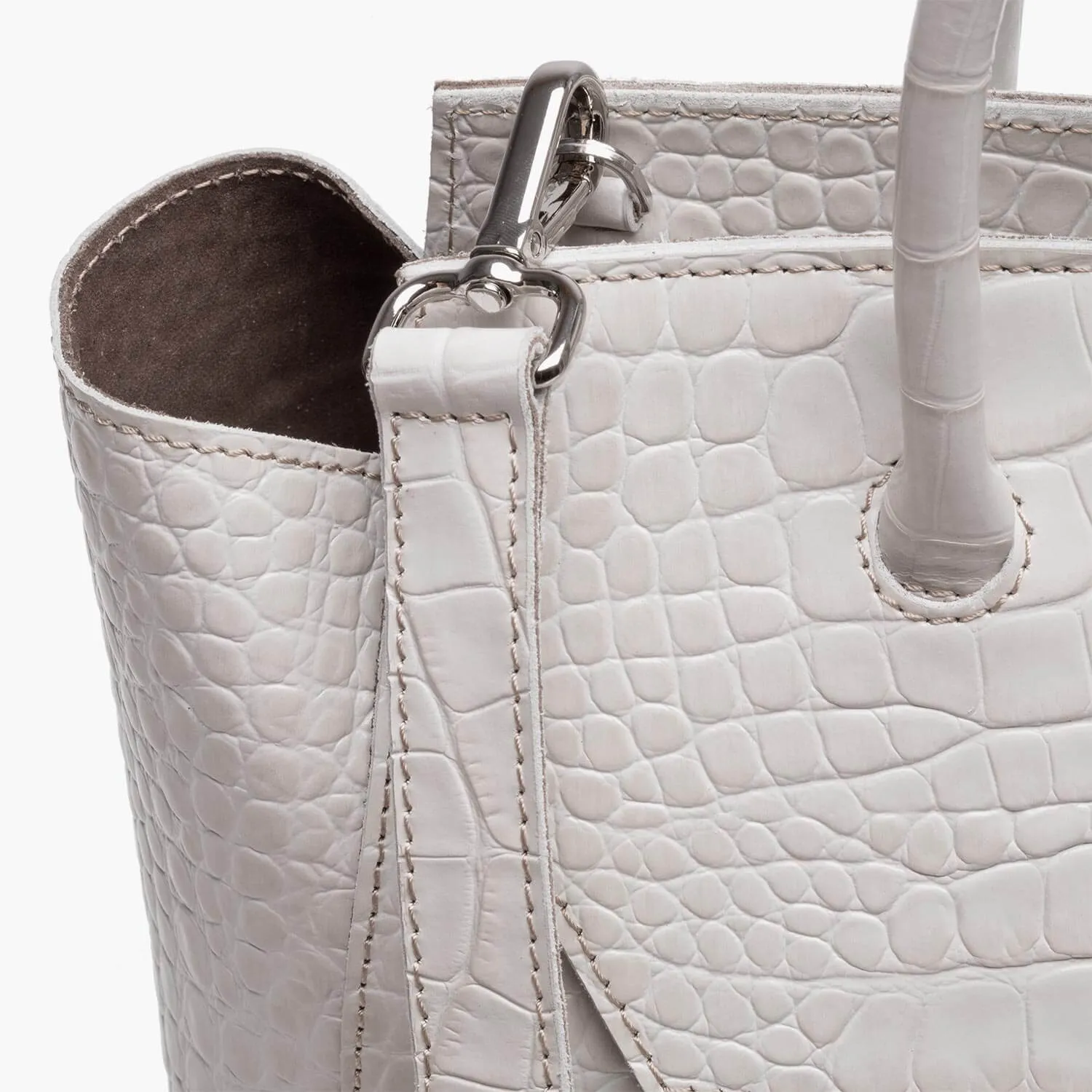 Loren Midi Leather Tote Bag - Ivory Croc Print