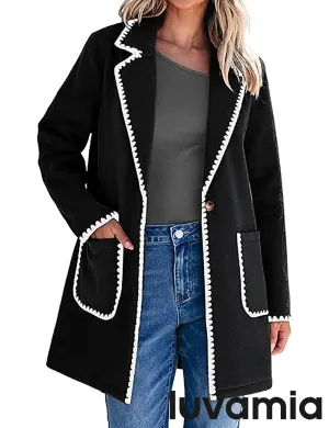 LUVAMIA Women Casual Lapel Long Sleeve Trench Coat Blazer Jacket Front Button No Stretch Front Pocket