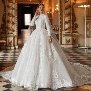 Luxury High Neck Long Sleeve A-Line Muslim Wedding Dresse Elegant Court Train Bridal Gown