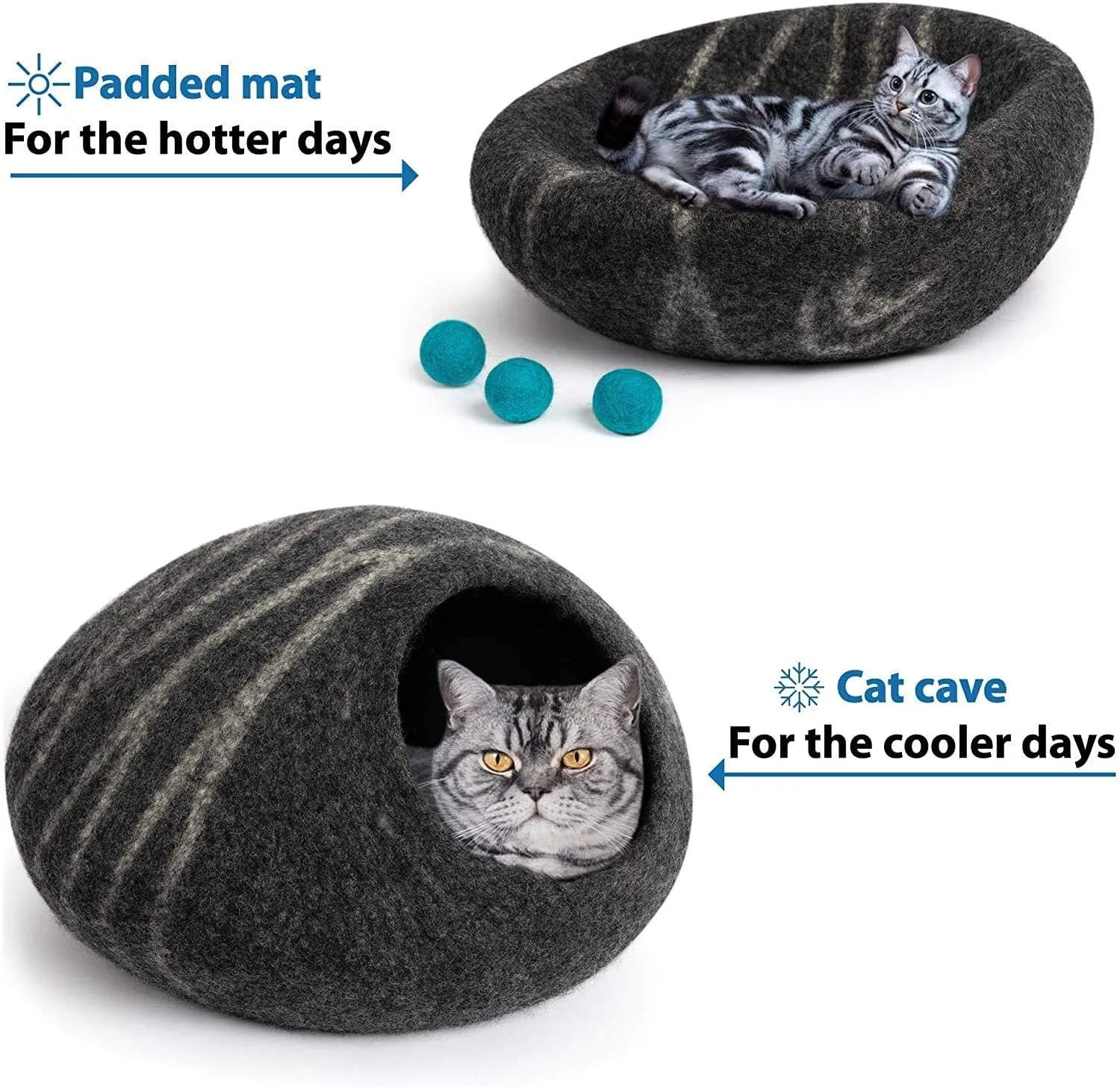 LUXURY Premium Felt Cat Bed Cave DARK GREY  House ( large/Xl-44-48Cm)  Handmade 100% Merino Wool Bed for Cats and Kittens