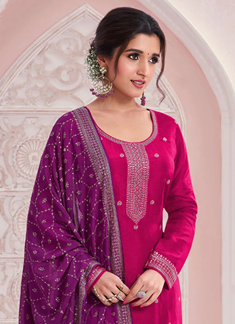 Magenta And Purple Embroidery Pakistani Pant Suit