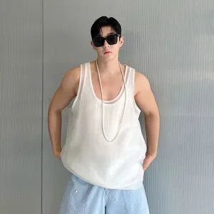 Male Personalized Male Vest Versatile Solid Color Double Layered Satin Mesh Two-piece Tank Top Temperament Men Top 9C5944