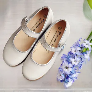 Manuela de Juan Girls Light Grey Mary Jane with Silver Piping