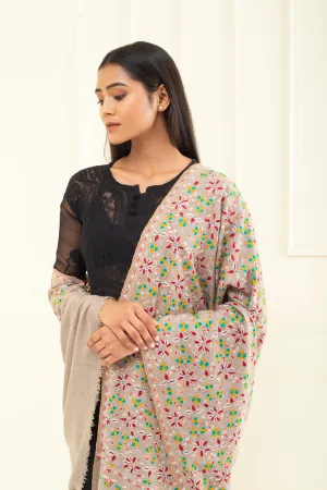 Marguerite Daisy Teak Jaali Sozni Embroidered Pashmina Shawl