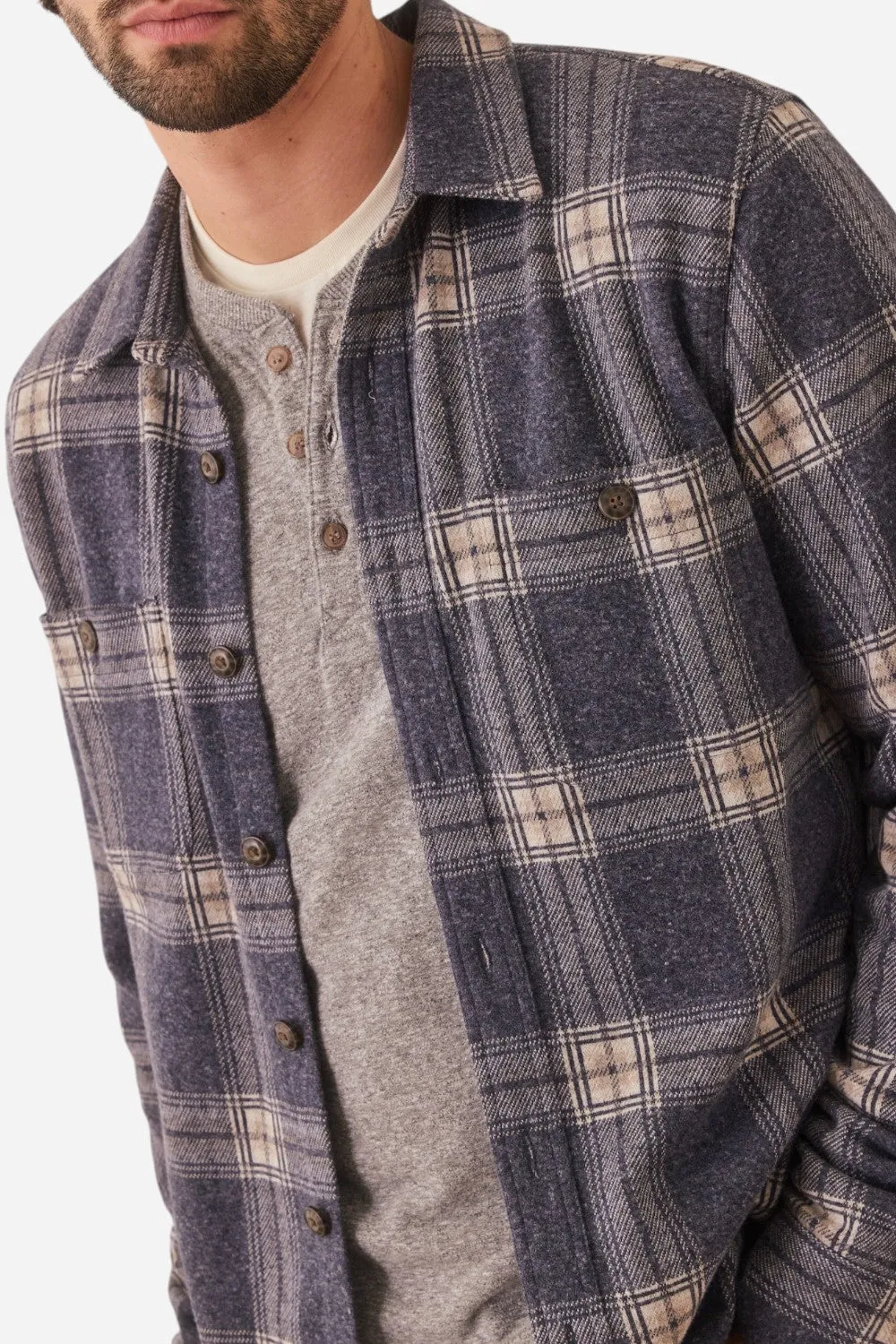 Marine Layer Pacifica Stretch Twill Shirt in Dark Blue Plaid