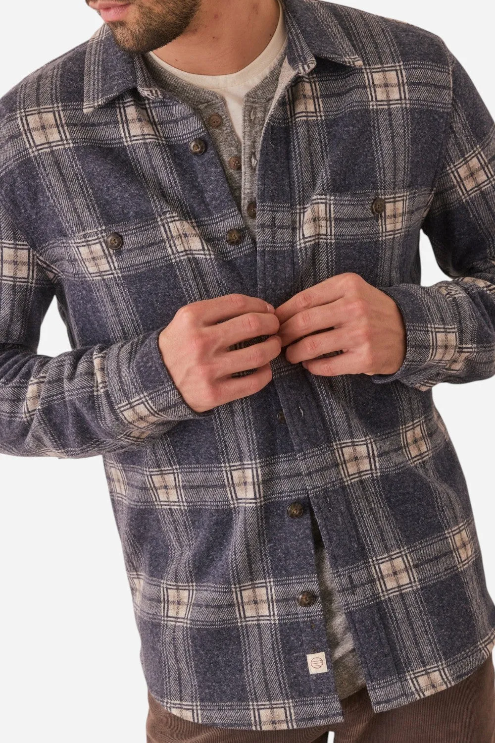 Marine Layer Pacifica Stretch Twill Shirt in Dark Blue Plaid