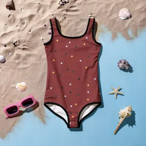 Maroon and Gold Polka Dot Kids One Piece Swimsuit