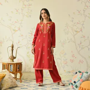 Maroon Woollen Aari Embroidered Floral Kurta Pant Set