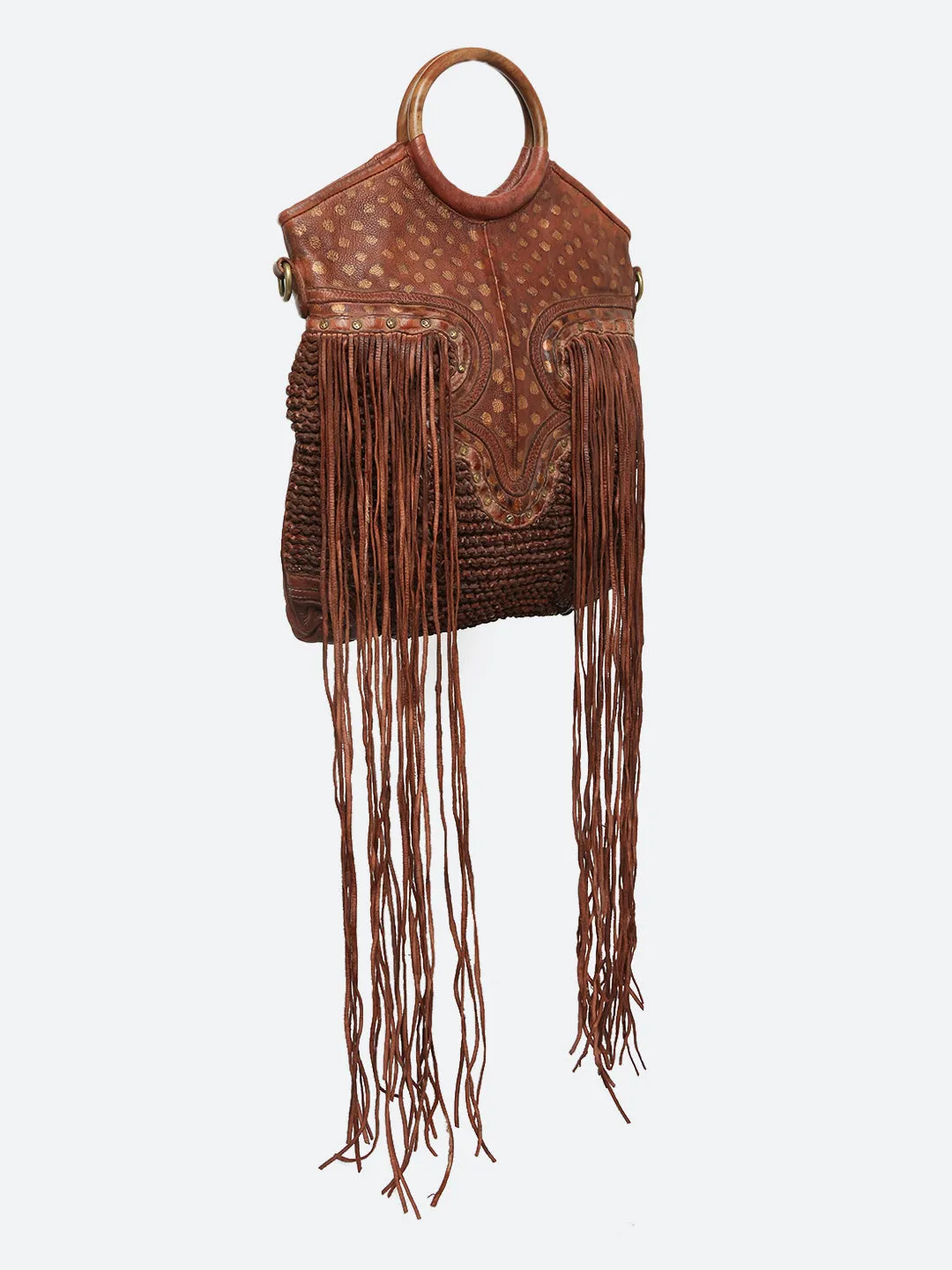 Martinka: Cognac Leather Shopper With Wooden Handle With Weaving, Fringes And Metallic Print
