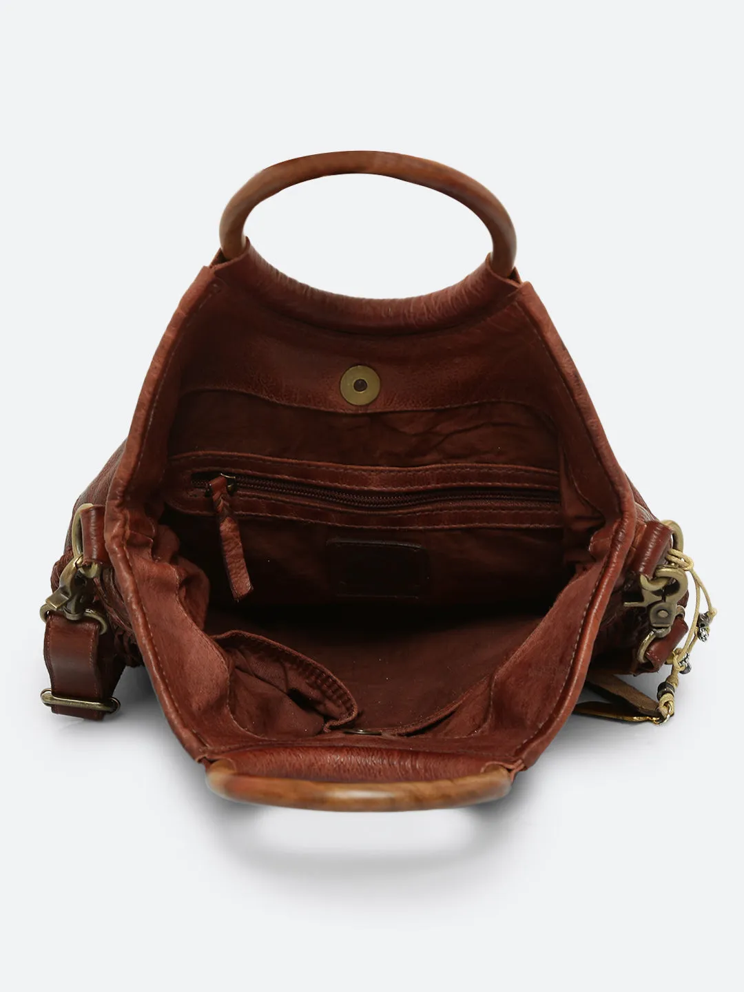 Martinka: Cognac Leather Shopper With Wooden Handle With Weaving, Fringes And Metallic Print