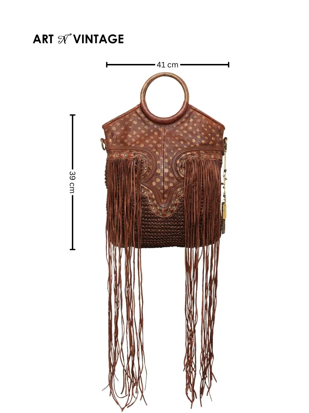 Martinka: Cognac Leather Shopper With Wooden Handle With Weaving, Fringes And Metallic Print