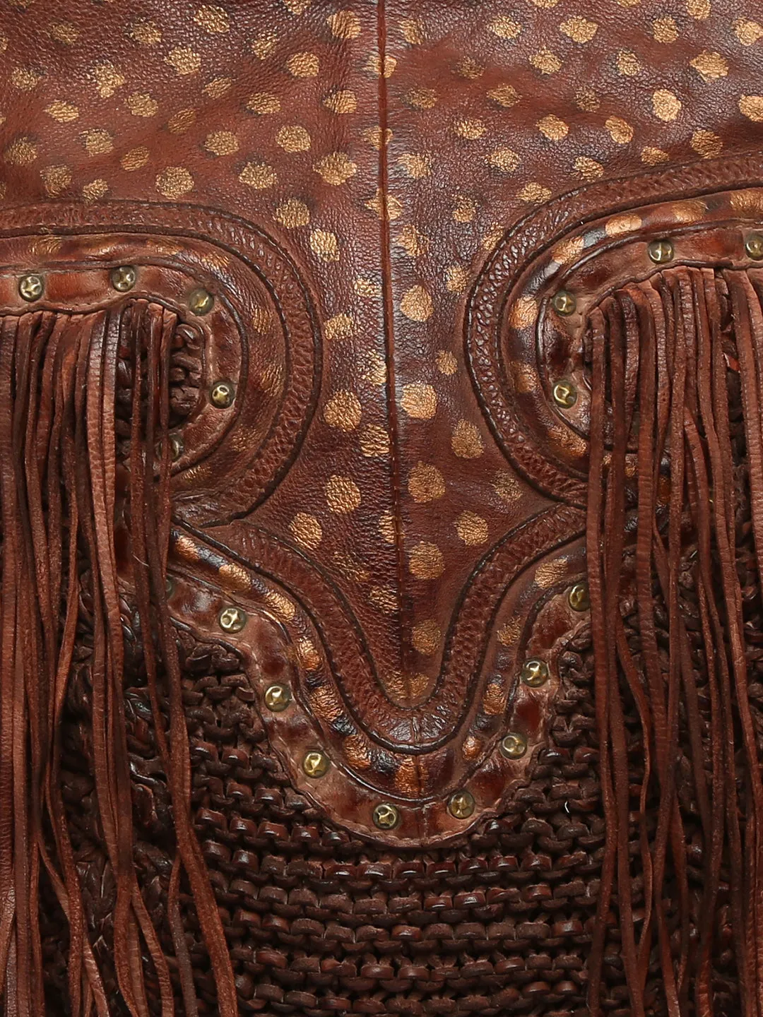 Martinka: Cognac Leather Shopper With Wooden Handle With Weaving, Fringes And Metallic Print