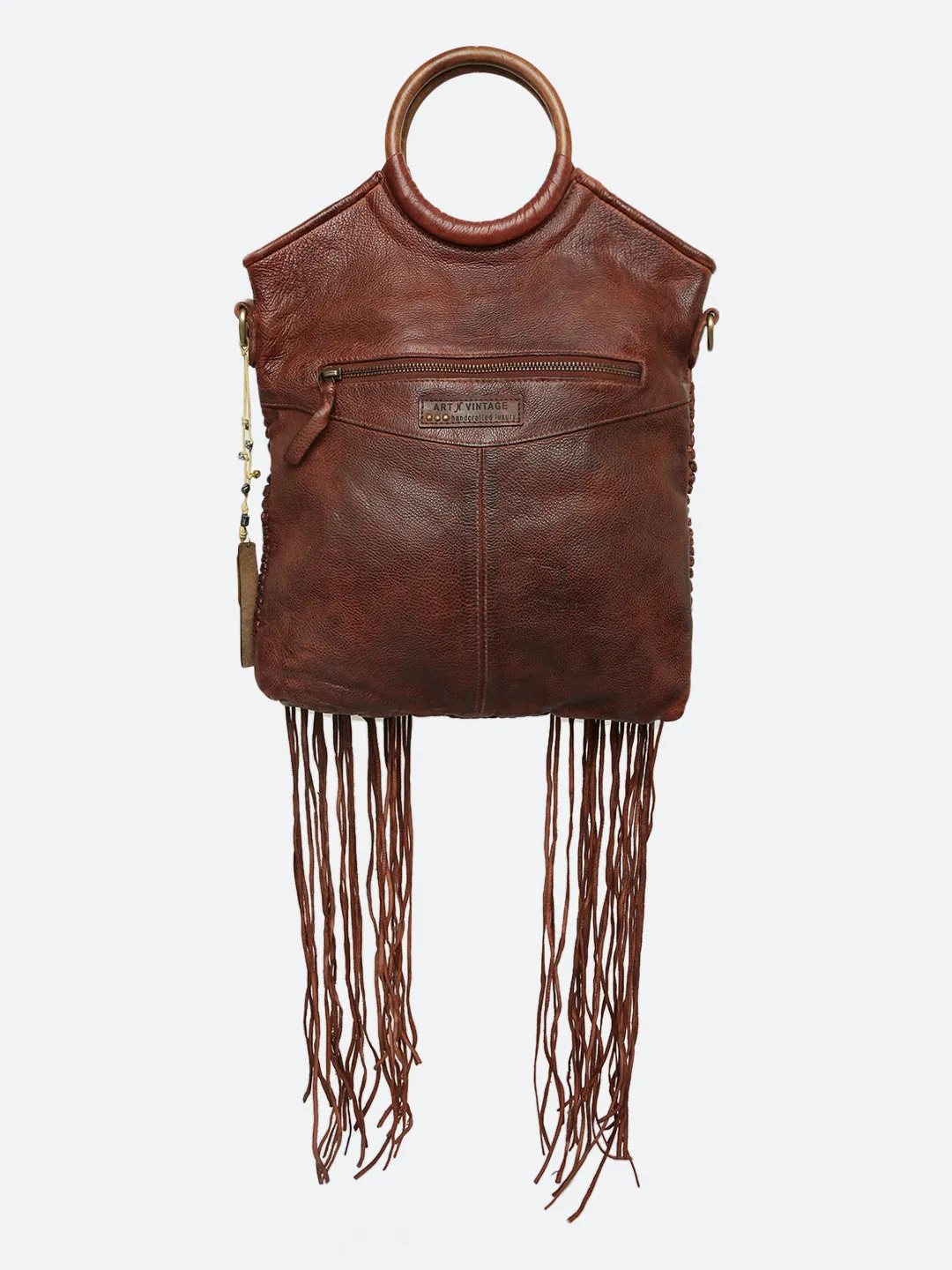 Martinka: Cognac Leather Shopper With Wooden Handle With Weaving, Fringes And Metallic Print