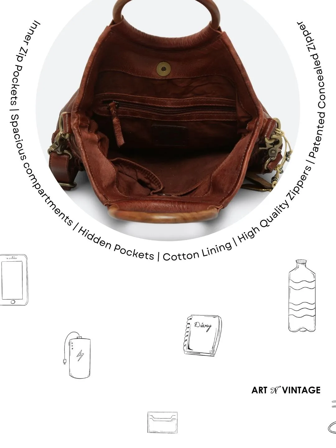 Martinka: Cognac Leather Shopper With Wooden Handle With Weaving, Fringes And Metallic Print