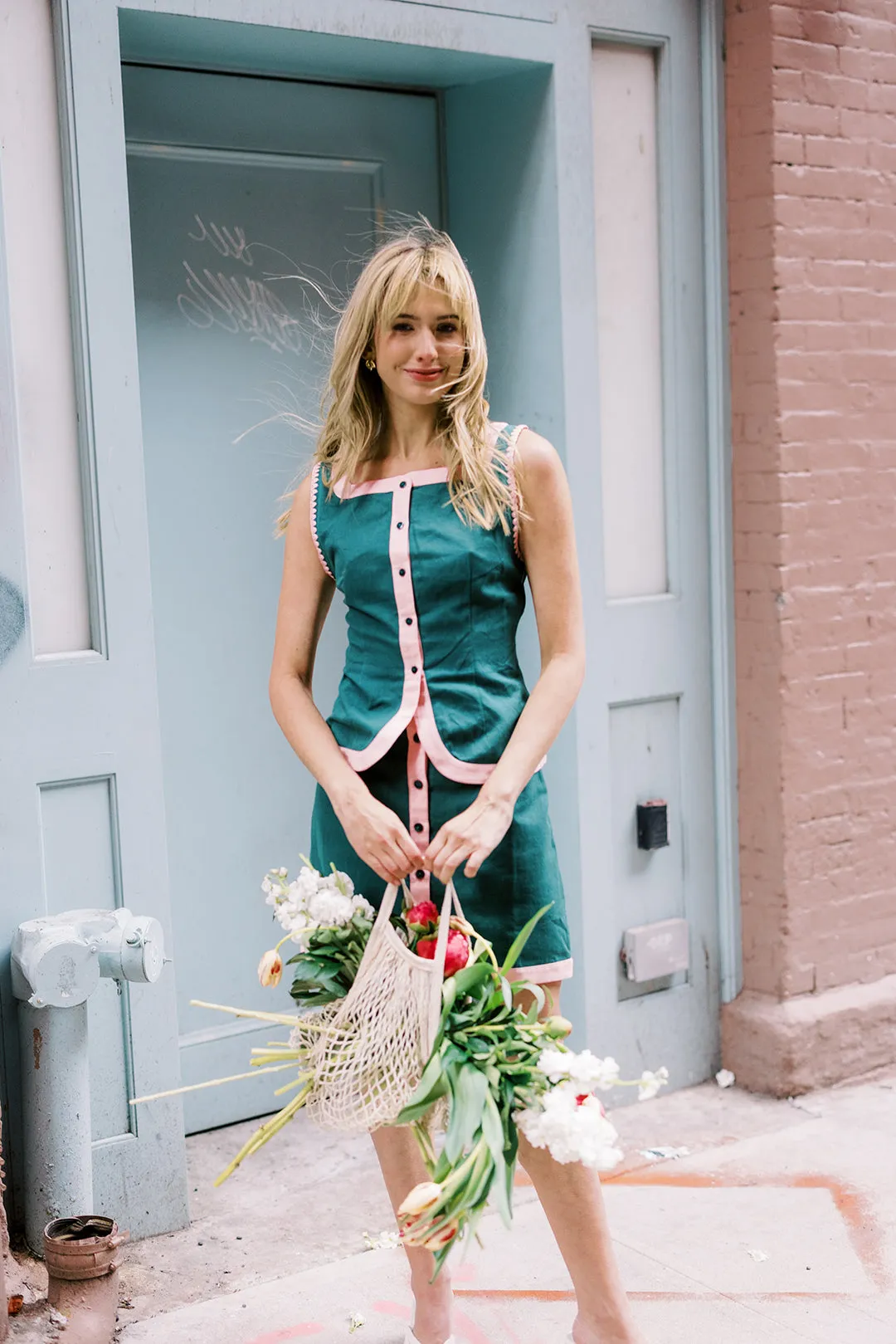 MASON'S DAUGHTER Athena Skirt, Green with Pink Color Block Linen