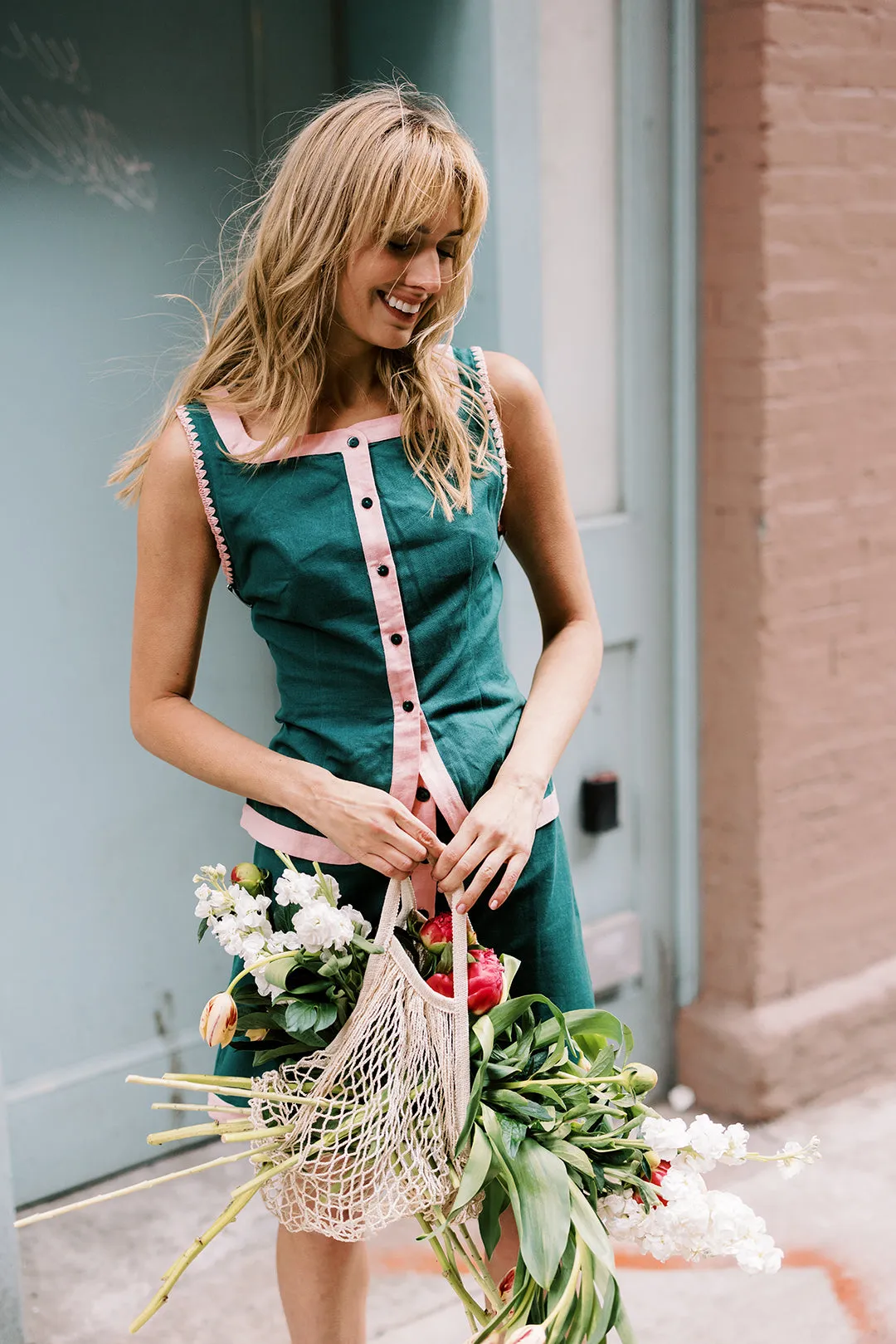 MASON'S DAUGHTER Athena Skirt, Green with Pink Color Block Linen