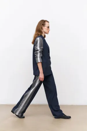 Match Detailed Striped High Waist Trousers Navy Blue