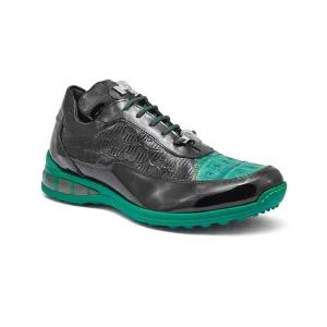 Mauri 8900/2 Bubble Italian Men's Shoes Black & Leaf Green Exotic Crocodile / Patent Embossed Leather Casual Sneakers (MA5342)