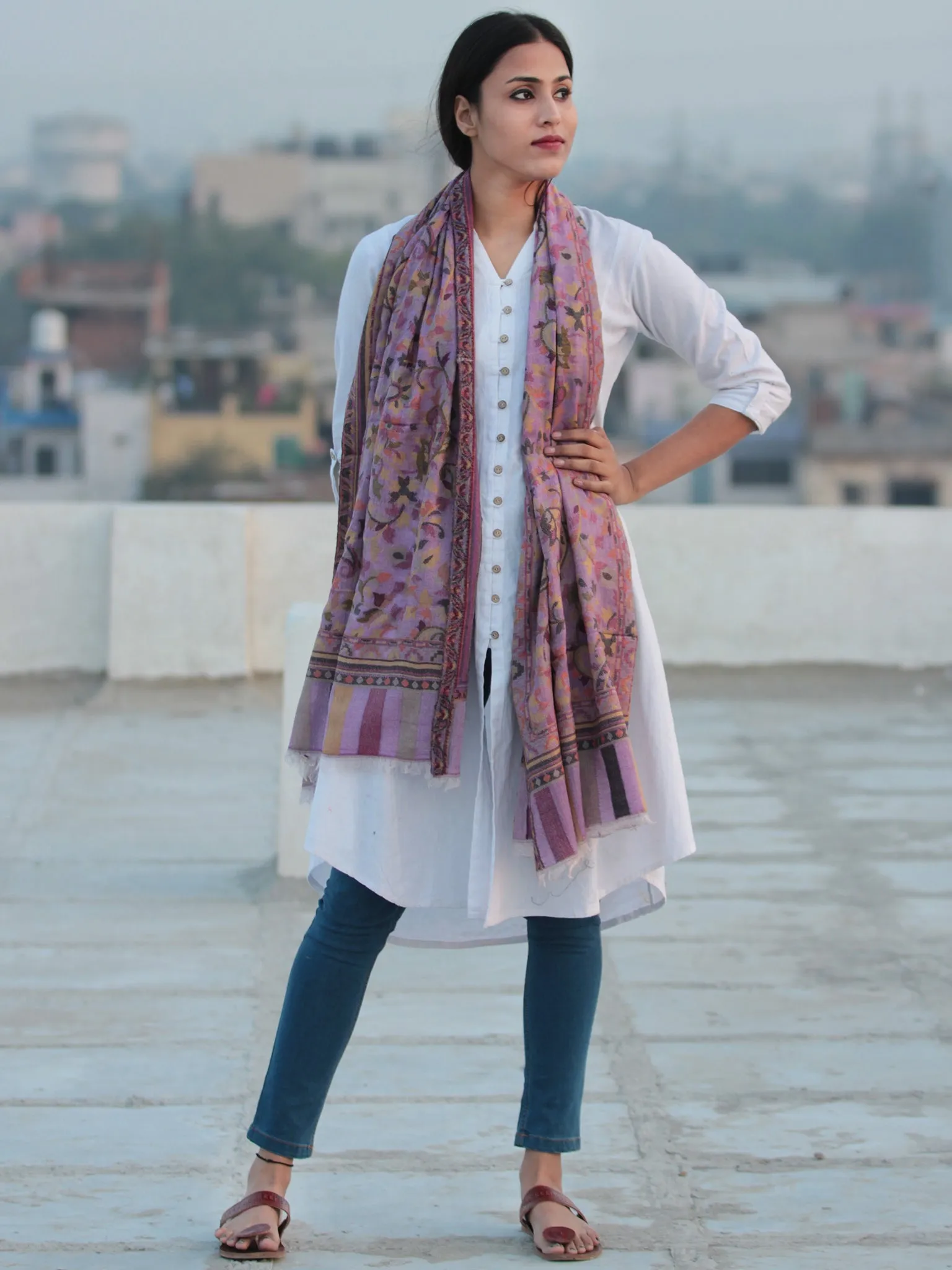 Mauve Mustard Kani Jamawari Pure Cashmere Wool Stole - S200544