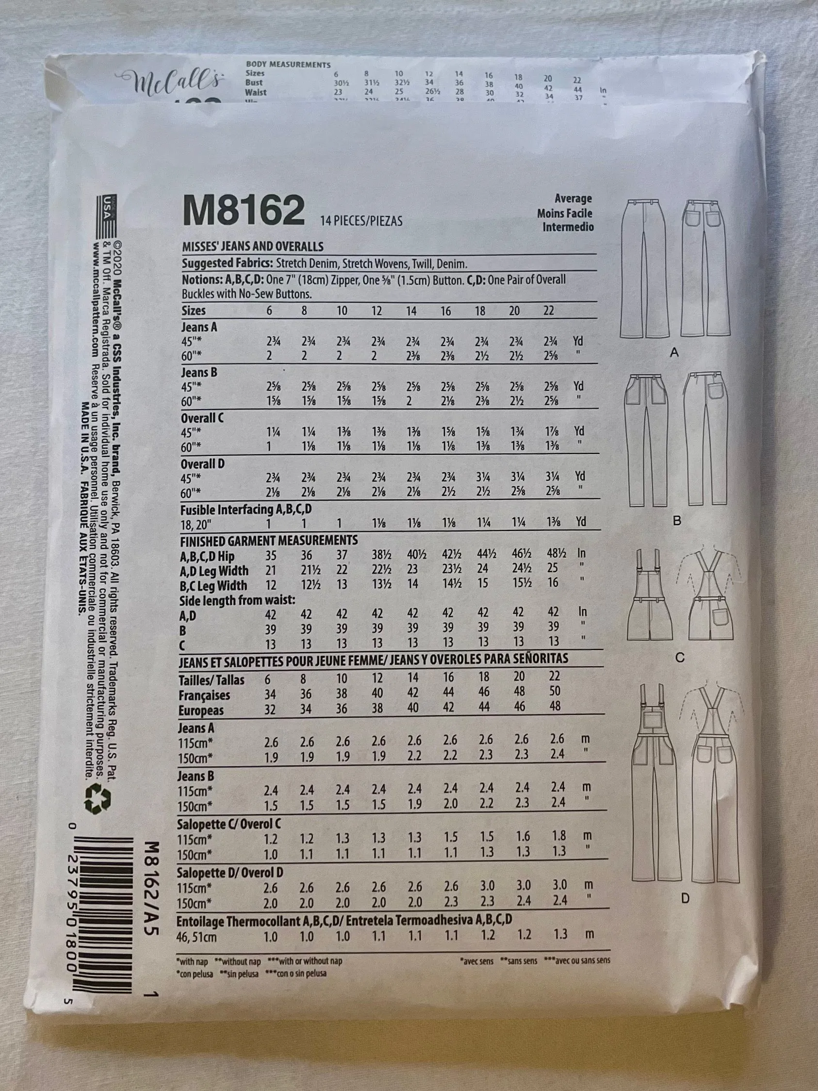 McCall's M8162 UNCUT Adult Overalls, Pant Sizes 6-14