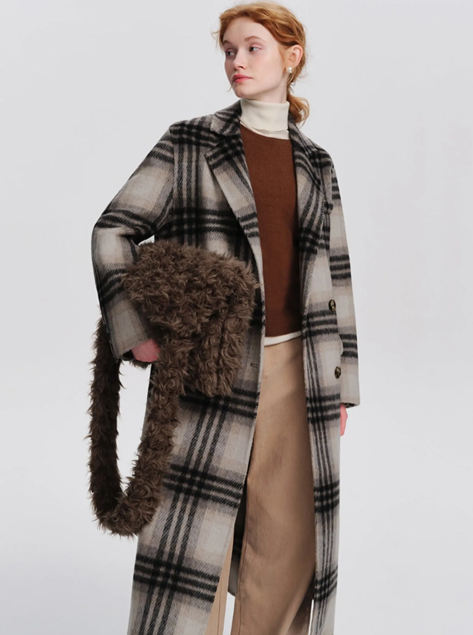 Medium-length plaid woolen thickened coat