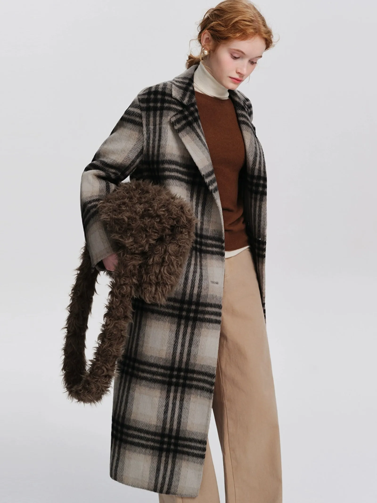 Medium-length plaid woolen thickened coat