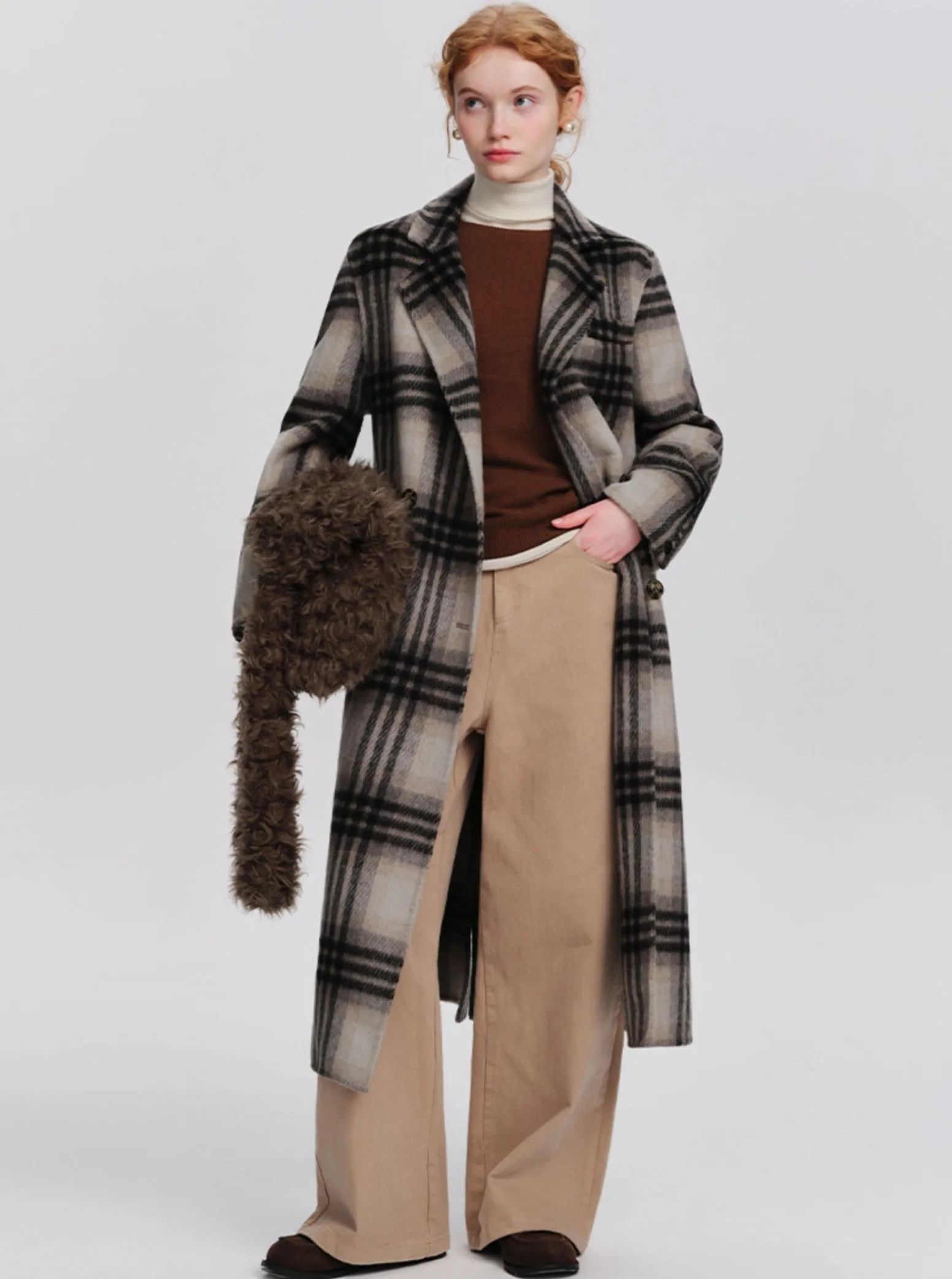 Medium-length plaid woolen thickened coat