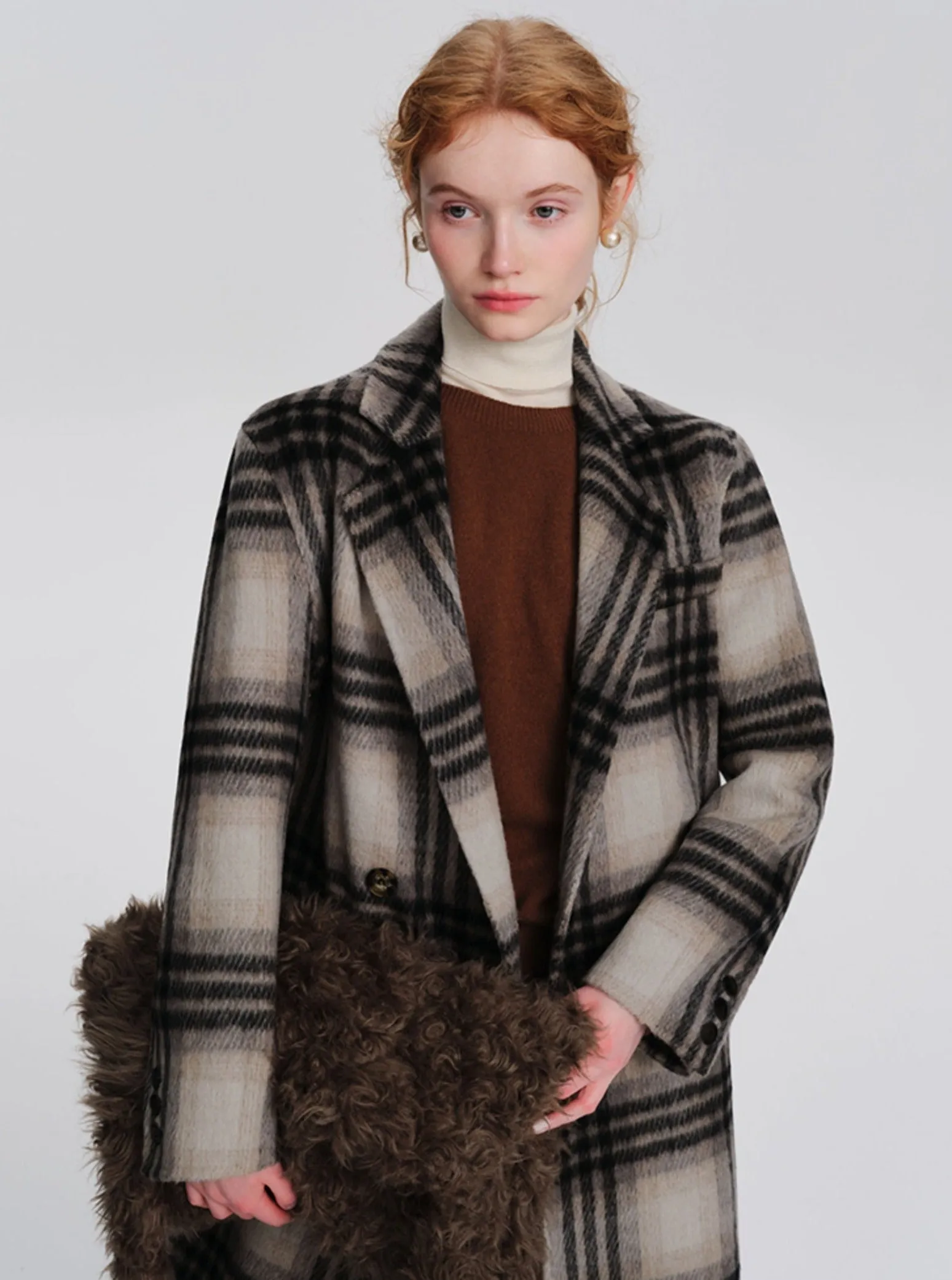Medium-length plaid woolen thickened coat