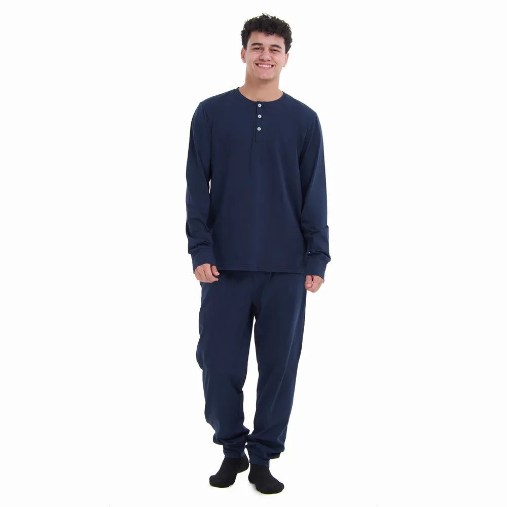 Men Fall Pajama Set Dark Blue Buttoned Sweatshirt   Pants