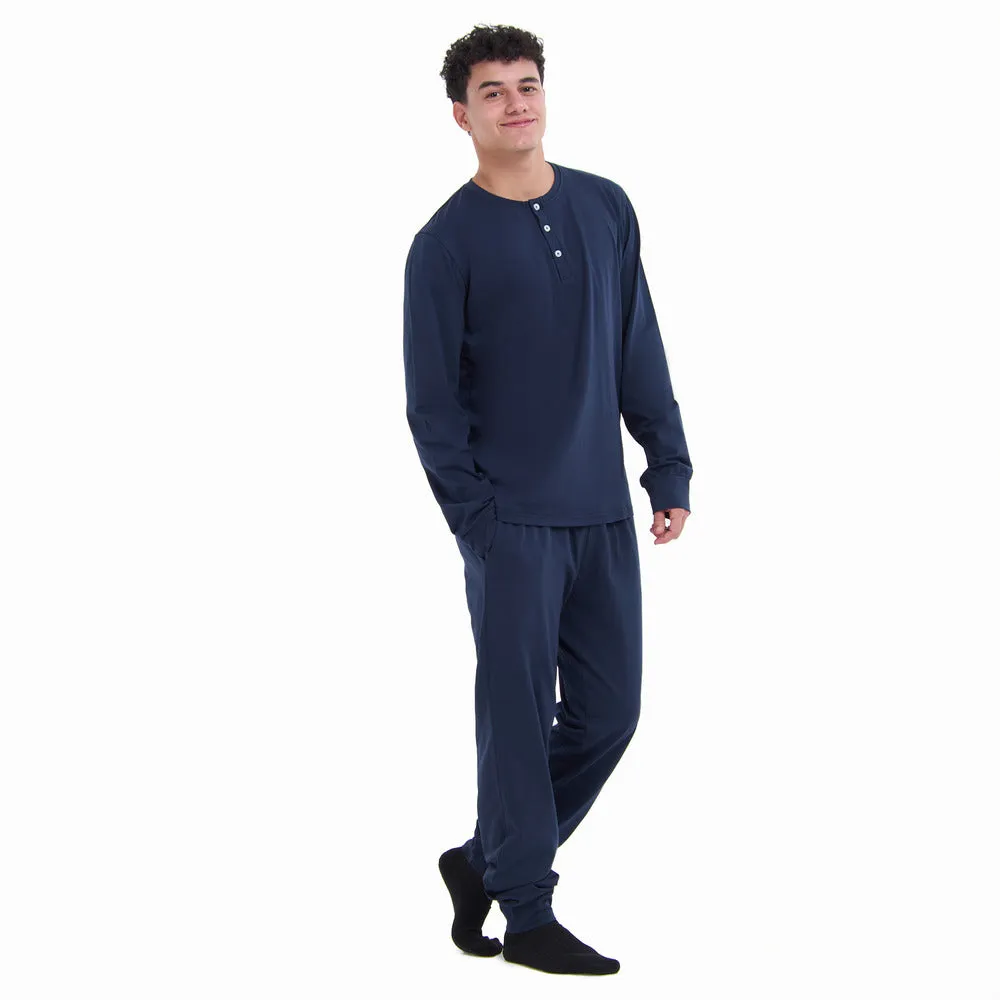 Men Fall Pajama Set Dark Blue Buttoned Sweatshirt   Pants