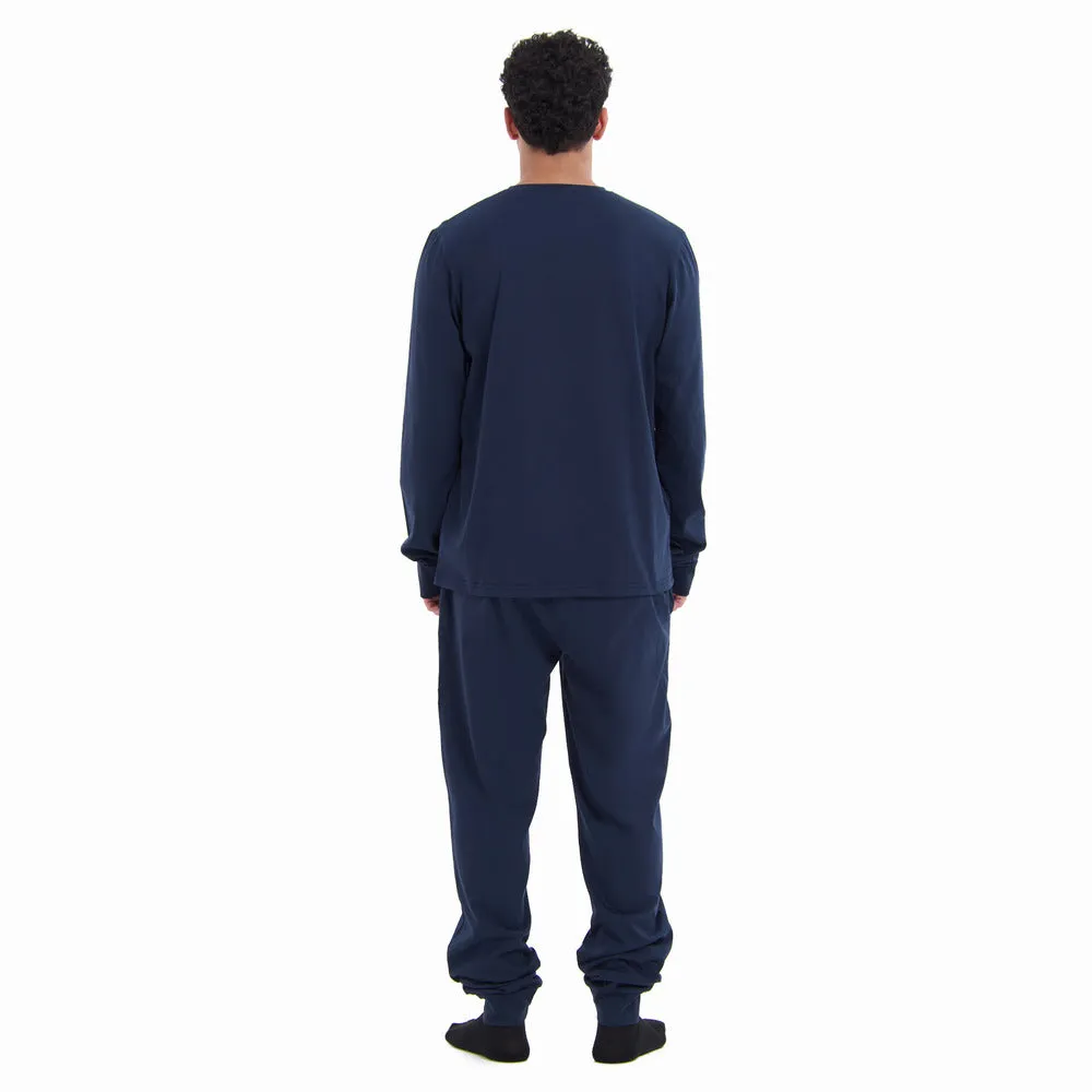 Men Fall Pajama Set Dark Blue Buttoned Sweatshirt   Pants