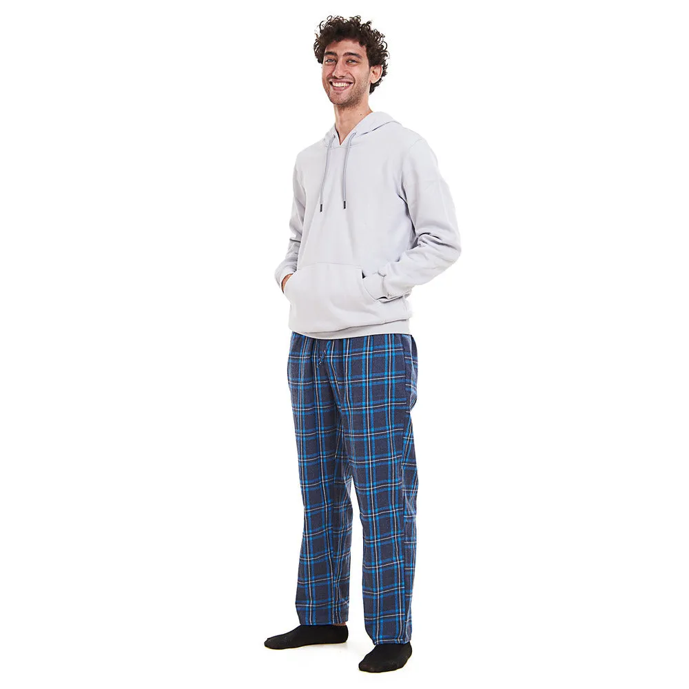 Men Winter Pajama Set Light Grey Hoodie   Turquoise x Dark Blue Checkered Pants