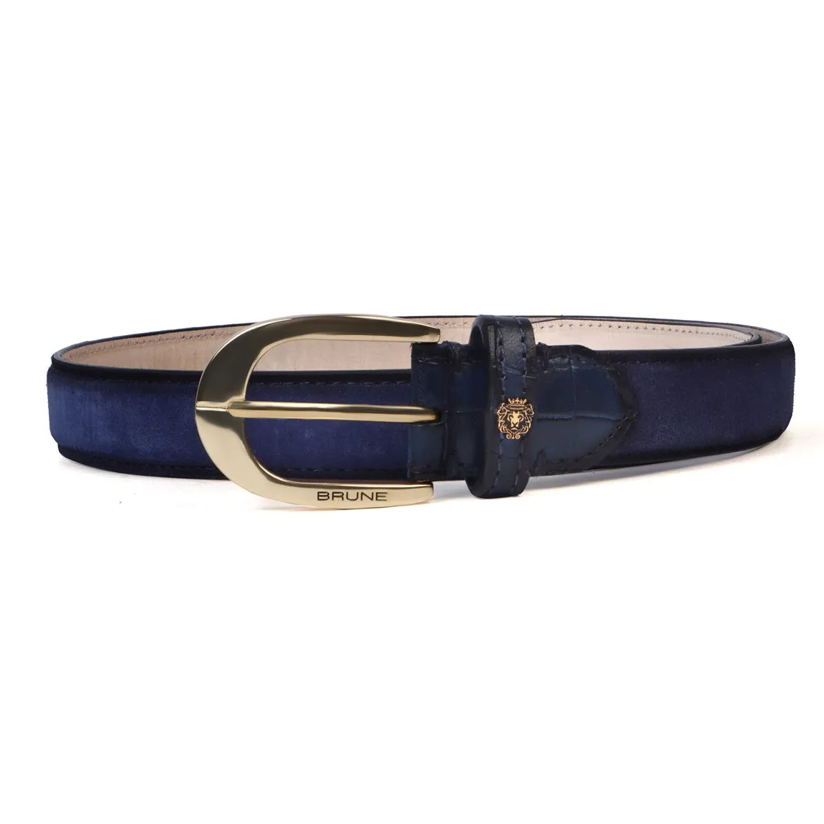 Men's Belt with Mini Lion Blue Suede Leather Oval Shape Buckle