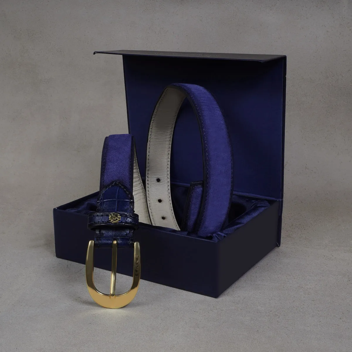Men's Belt with Mini Lion Blue Suede Leather Oval Shape Buckle