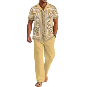 Men's Casual Printed Short Sleeve Shirt and Pants Set 14586597YM
