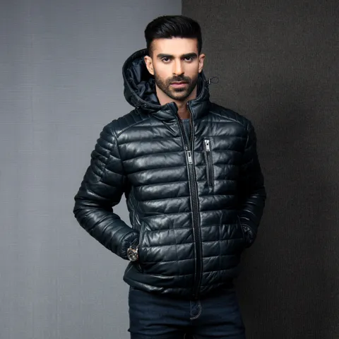 Men's Classic Moto Style Black Leather Puffer Jacket