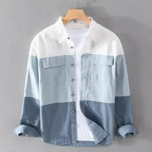 Men's Contrast Color Patchwork Cotton Shirt | Long Sleeve Retro Cargo Style with Pockets | Casual Loose Fit Fashion