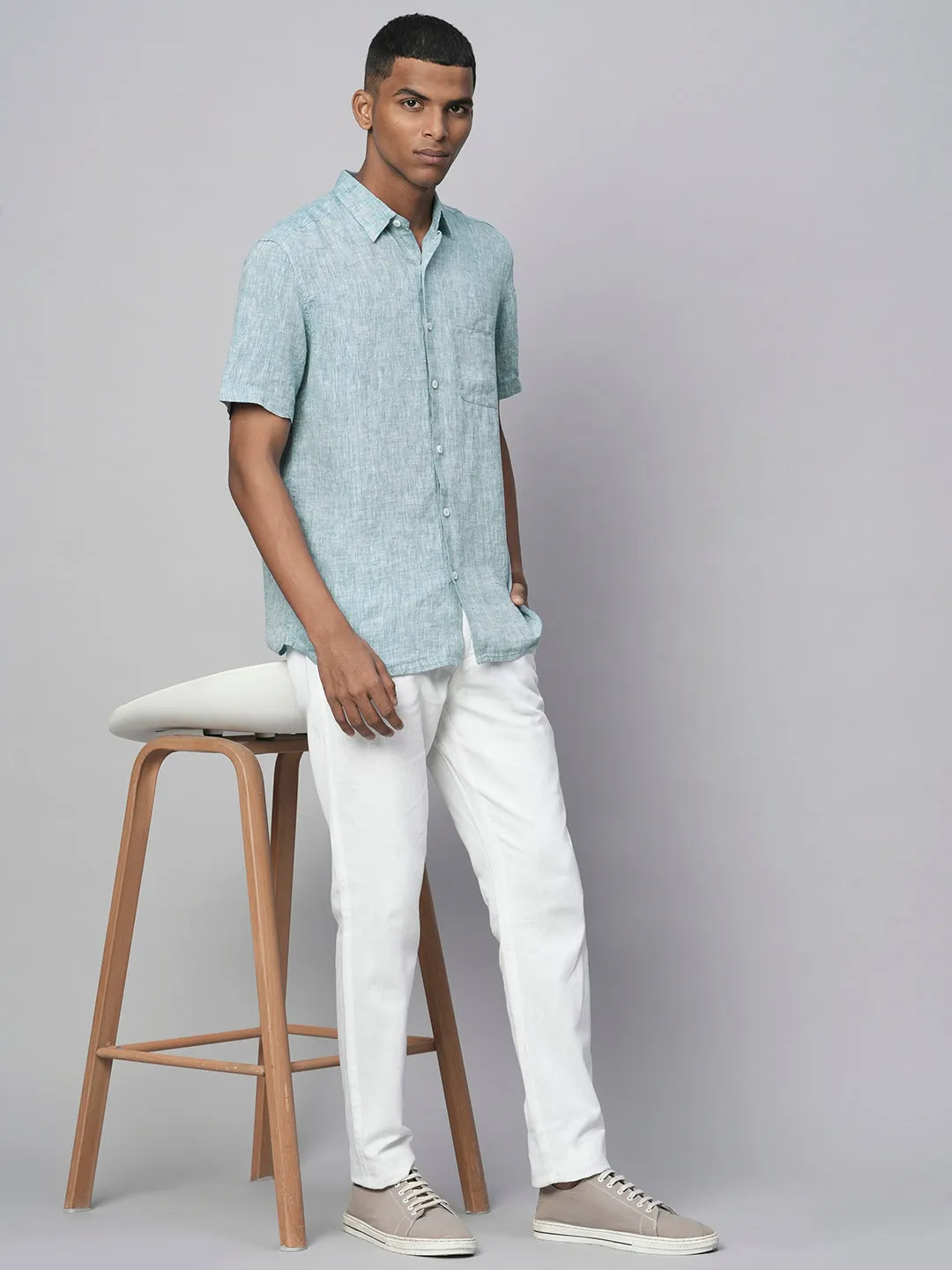 Men's Dark Blue 100% Linen Regular Fit Short Sleeved Shirt
