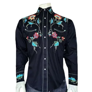 Men's Floral Embroidered Cotton Gabardine Black Western Shirt