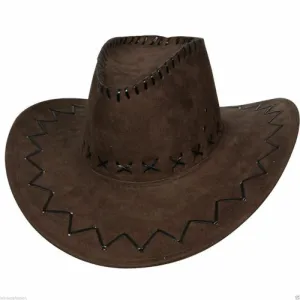 Men’s Ladies Cowboy Hat Suede Look Wild West Black & Brown Fancy Dress Hat (One Size, Brown)