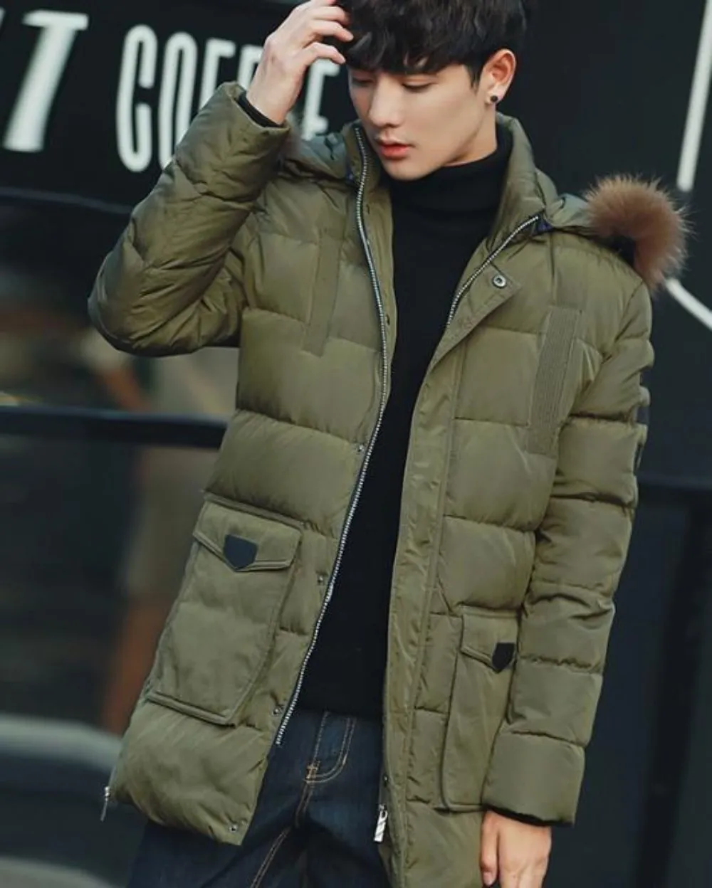 Mens Military Style Winter Faux Fur Hooded Coat