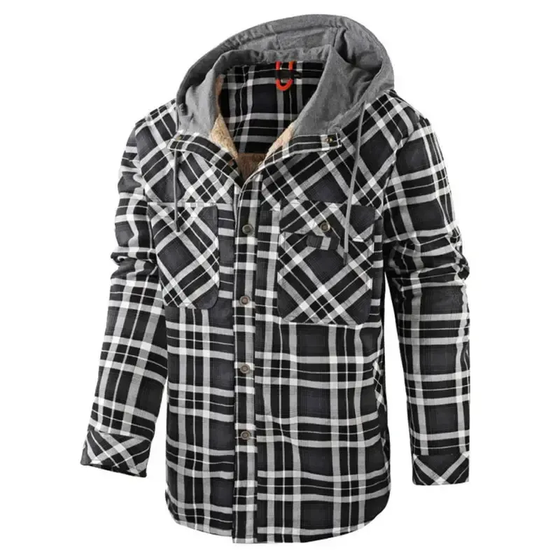 Men’s plaid loose warm hooded jacket