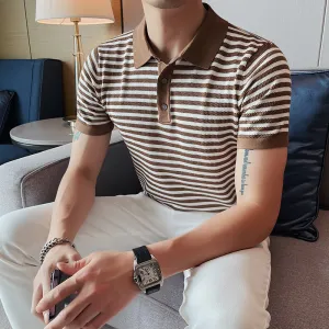 Men's Short Sleeve Polo Stripe Slim Fit Knit T-Shirt