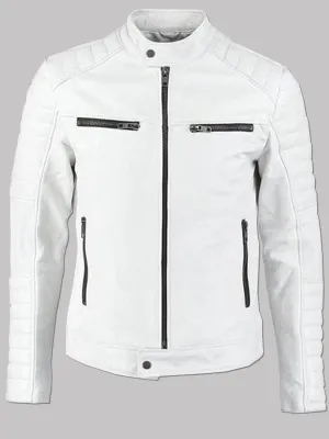 Men's Slim Fit Padded  White Leather Biker Jacket