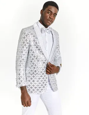 Mens Slim Fit Shiny Silver Sequin Prom Tuxedo Blazer With Rhinestones