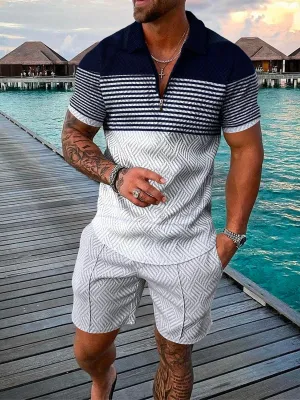 Men's Summer Fashion 3D Printed  Geometric Zip Lapel Shirt Set